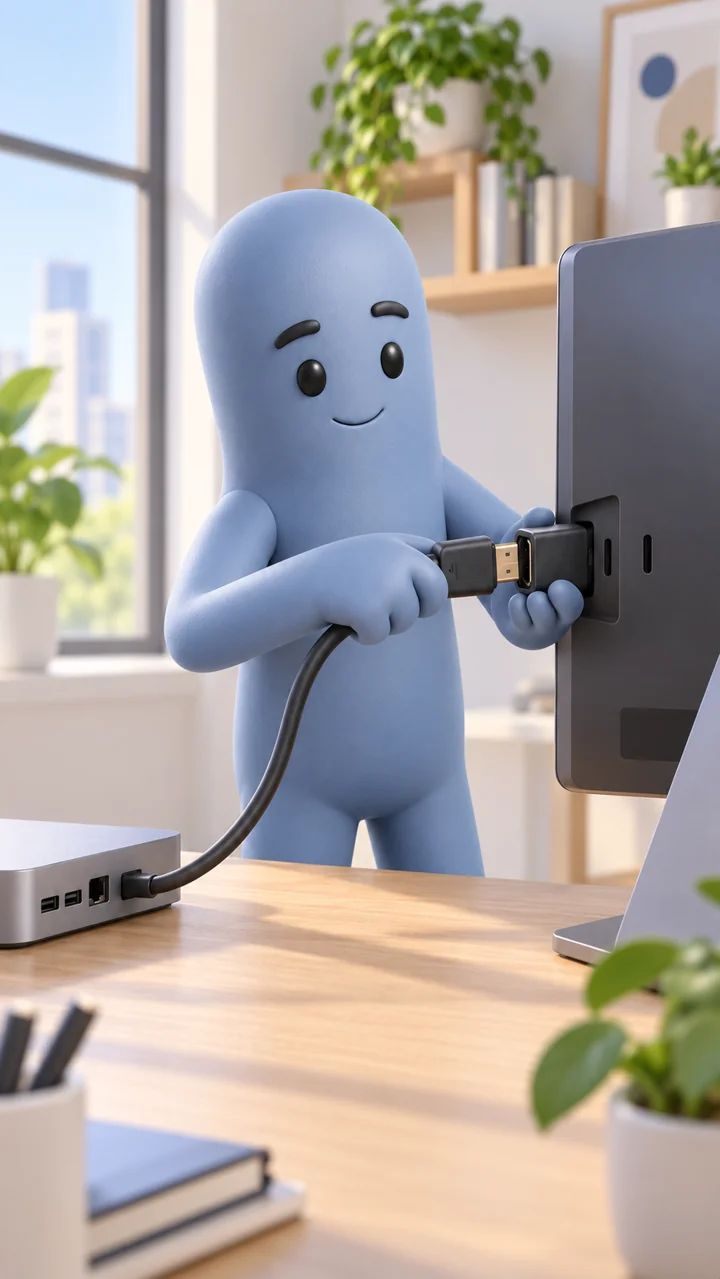 ケーブルをつなぐNubi。connectの場面。